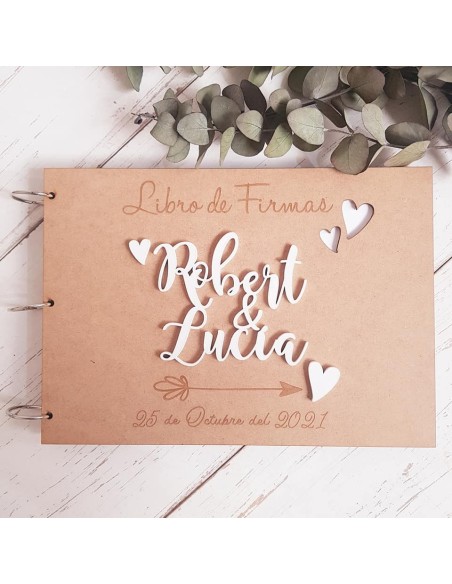 Libro de firmas madera corazones personalizado