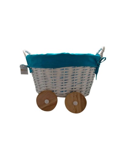 CESTA DE MIMBRE EN FORMA DE CARRITO AZUL